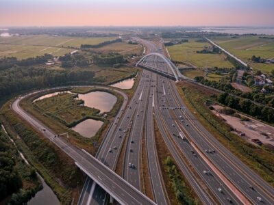 Aerial from junction Muiderberg with the A1 in the Netherlands at sunset